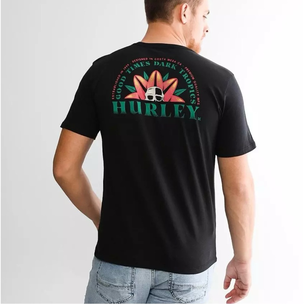 Hurley Men's Black Tee with Surfboard Skull and Floral Graphic